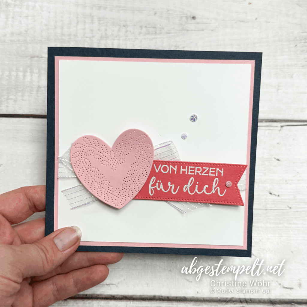 Stampin Up Karte Elegante Herzen Farbkombination Rhabarberrot Tiefseeblau Rosé